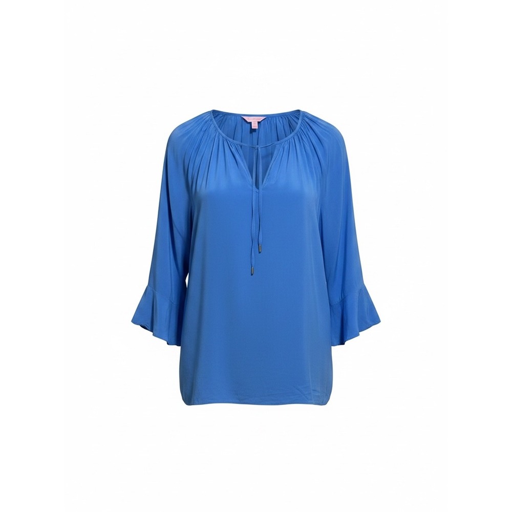 Lilly Pulitzer Willa Flounce Top XL Blue Rayon  Ruffle Sleeve Tie  V-Neck Blouse